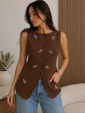 Everly Rowe Brown Embroidered Button Vest